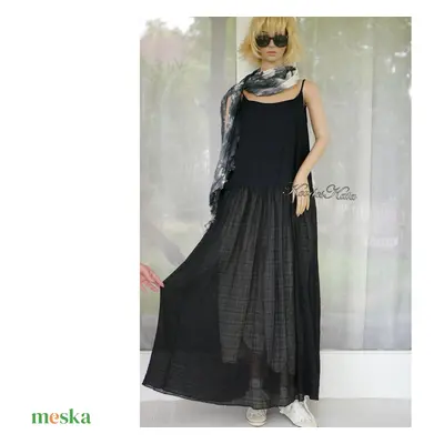 SLIP-DRESS - exkluzív len-muszlin hosszú kombiné-ruha / fekete