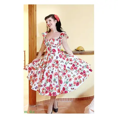 Pinup Rockabilly ruha pipacs mintás, pillangó ujjú, romantikus