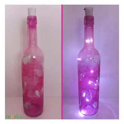 Üveglámpás pink szivekkel - egyedi festett üveg bottlelamp