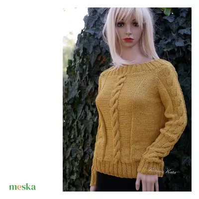 BABETTE - exkluzív kézzel kötött merino-pamut design pulóver / okker