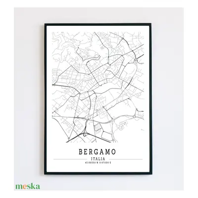 Minimalista Bergamo (Olaszország) fekete-fehér-kék dekorációs térkép