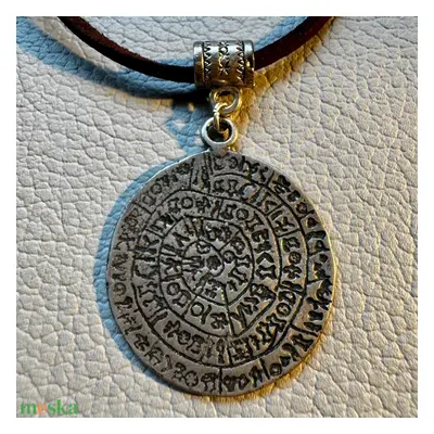 Férfi vagy UNISEX nyaklánc Phaistos disc, atik görög érme valódi bőr láncon: 48 cm, vintage nyak