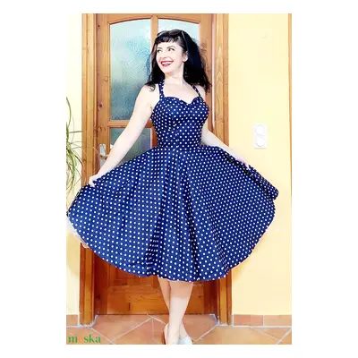 Pinup Rockabilly ruha navy kék pöttyös