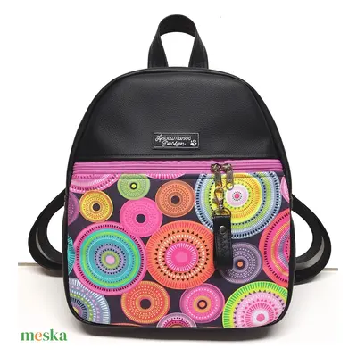 Back Pack M hátizsák - Elegáns fekete csajos mandalákkal textilbőr pántokkal 33x27x10