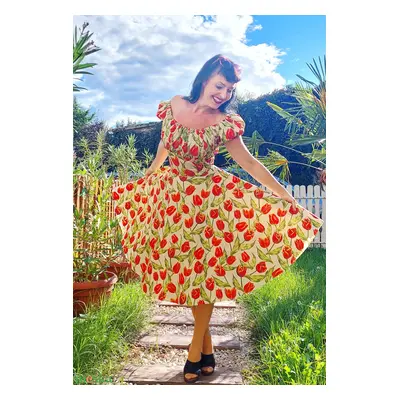 Pinup Rockabilly ruha tulipan mintás, romantikus puffos ujjú