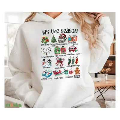 Karácsonyi “’Tis the Season” kapucnis pulóver és sweat-shirt ünnepi kellékekkel – Tökéletes aján