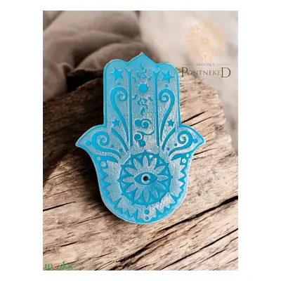 Hamsa kéz füstölő tartó, vagy amulett. (Keleti kék, rózsaarany wax)