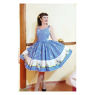 Pinup Rockabilly ruha kék fehér kockás, százszorszép bordűrös, country, romantikus