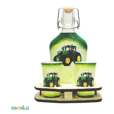 Kis pálinka kínáló szett gazdászoknak Jonn Deere traktorral díszítve ( a saját traktorod képével