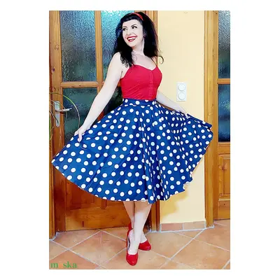 Pinup Rockabilly szoknya navy kék fehér pöttyös