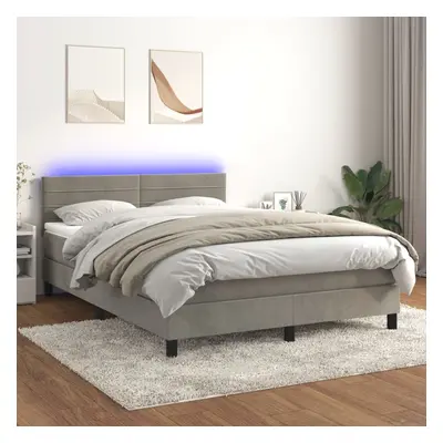 Világosszürke bársony rugós és led-es ágy matraccal 140x190 cm