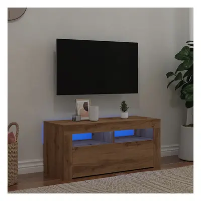 Kézműves tölgy szerelt fa tv-szekrény led-ekkel 90x35x40 cm