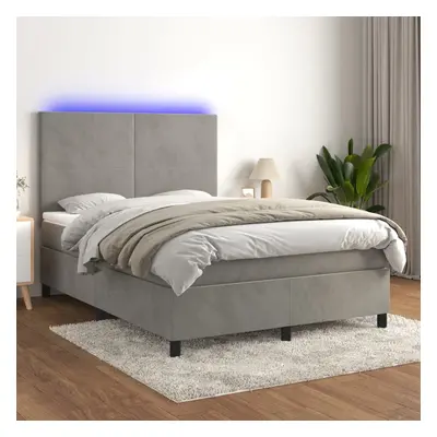 Világosszürke bársony rugós és led-es ágy matraccal 140x190 cm