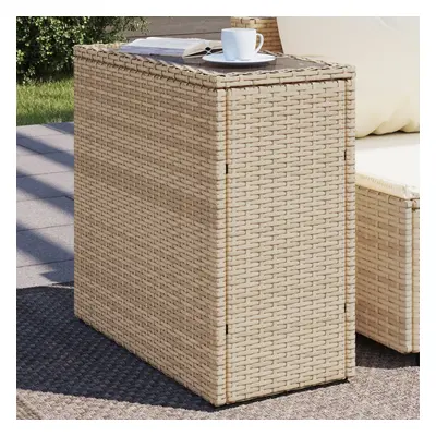 Bézs polyrattan kerti kisasztal üveg asztallappal 58x27,5x55 cm