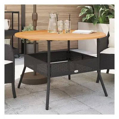 Fekete polyrattan kerti asztal akácfa lappal ø110 x 71 cm