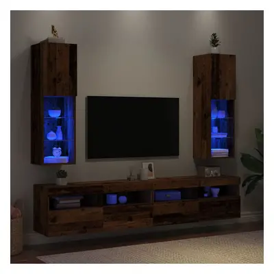 2 db antik fa színű tv-szekrény led-lámpákkal 30,5x30x102 cm