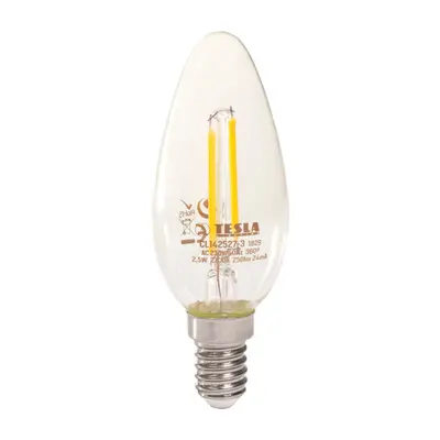 Tesla - LED FILAMENT RETRO gyertyaizzó, E14, 2,5W, 230V, 250lm, 2700K, 360°, clear