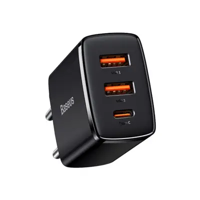 Baseus Compact hálózati töltő adapter 2x USB / 1x USB-C 3A 30W PD QC, fekete (CCXJ-E01)