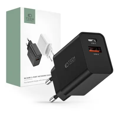 Tech-Protect 2-port hálózati töltő adapter USB / USB-C 30W QC, fekete