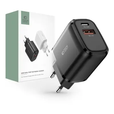 Tech-Protect Dual Port hálózati töltő adapter USB / USB-C 20W PD QC, fekete