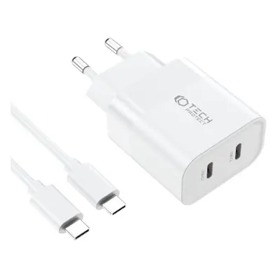 Tech-Protect C20W hálózati töltő adapter 2x USB-C 20W + kábel USB-C, fehér