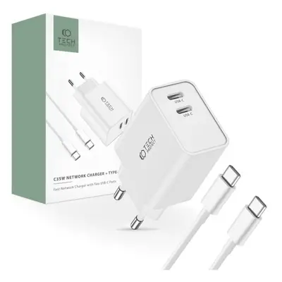 Tech-Protect C35W hálózati töltő 2x USB-C 35W + kábel USB-C, fehér