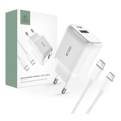 Tech-Protect C20W hálózati töltő adapter USB / USB-C 20W QC PD + kábel USB-C, fehér