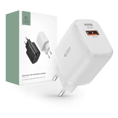 Tech-Protect Dual Port hálózati töltő adapter USB / USB-C 20W PD QC, fehér