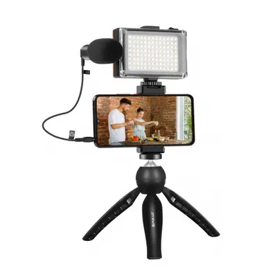 PULUZ Live Vlogger mobil állvány + LED lámpa és mikrofon, fekete (PKT3132B)