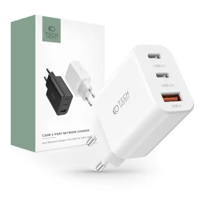 Tech-Protect 3-port hálózati töltő USB / 2x USB-C 30W PD QC, fehér