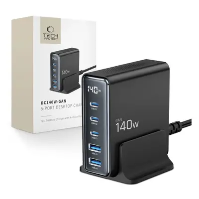 Tech-Protect DC140W 5 Port GaN töltő 2x USB / 3x USB-C 140W PD QC, fekete