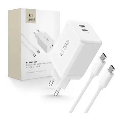 Tech-Protect NC45W GaN hálózati töltő adapter 2x USB-C 45W + kábel USB-C, fehér