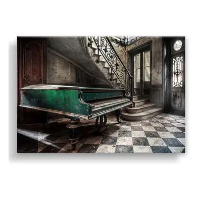 Vászon falikép, zongora, 85x113 cm, szürke-zöld - PIANO - Butopêa