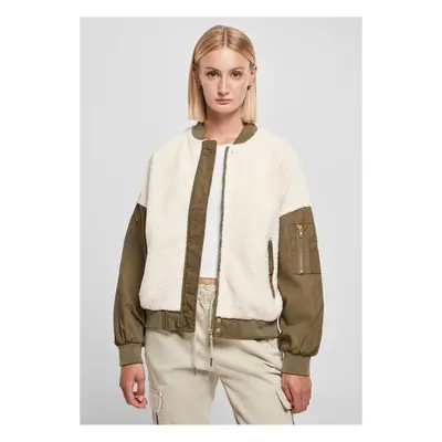 Urban Classics Ladies Oversized Sherpa Mixed Bomber Jacket whitesand/darkolive