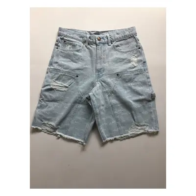 Karl Kani Og Heavy Distressed Wavy Print Carpenter Denim Shorts bleached blue