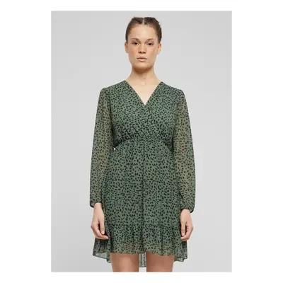 Urban Classics Cloud5ive Damen V-Neck Chiffon Kleid in Wickeloptik mit Leo Print dark green