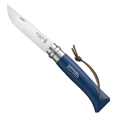 Opinel VRI N°08 Inox Adventurer kék kés bőr zsinórral