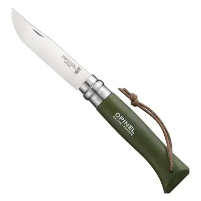 Opinel VRI N°08 Inox Adventurer khaki kés bőr zsinórral