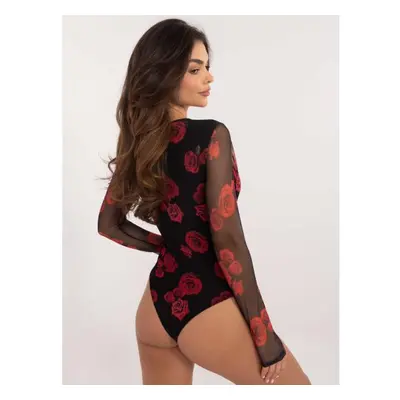 Fekete és piros rózsás rózsás mintás hálós bodysuit