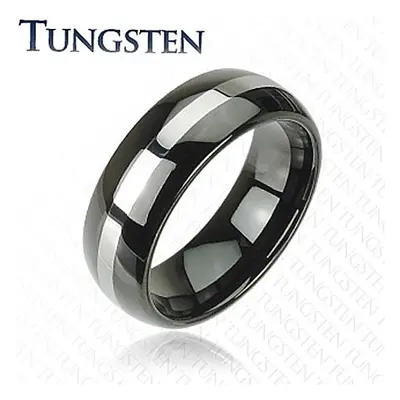 Fekete tungsten karikagyűrű, ezüst színű sáv, lekerekített felszín, 8 mm