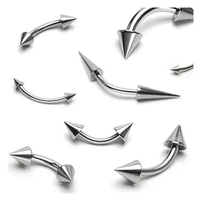 Acél piercing ezüst színben, két kúpban végződő hajlított súlyzó - Méret: 1,6 mm x 10 mm x 4x12 