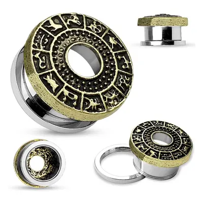 Fültágító alagút sebészeti acélból, arany szín, patinás zodiákus - Vastagság: 12 mm