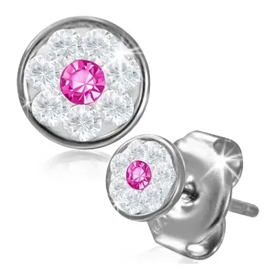 Ezüst színű acél fülbevaló - színes Swarovski® kristályok, virág, 5 mm