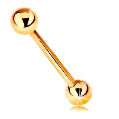 Piercing sárga 14K aranyból - barbell két fényes golyóval, 18 mm