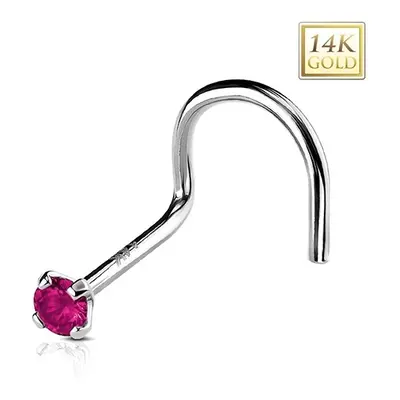 Hajlított 14K fehér arany orr piercing, sötét rózsaszín kerek cirkónia, 2 mm