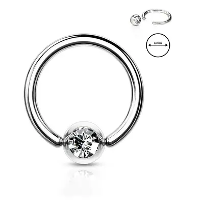 316L acél szemöldök piercing - gyűrű átlátszó kristállyal kerek tartóban, 0,8 mm, átmérő 6 mm