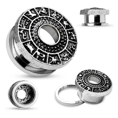 Fültágító alagút 316L acélból, ezüst szín, patinás zodiákus - Vastagság: 12 mm