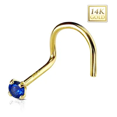 Hajlított 585 sárga arany orr piercing, sötétkék kerek cirkónia, 2 mm