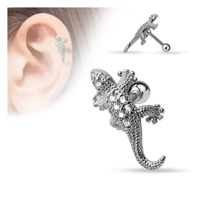 Acél tragus piercing, ezüst szín, gyík átlátszó cirkóniákkal díszítve