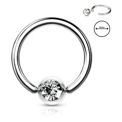 316L acél szemöldök piercing - gyűrű átlátszó kristállyal kerek tartóban, 1,6 mm, átmérő 8 mm